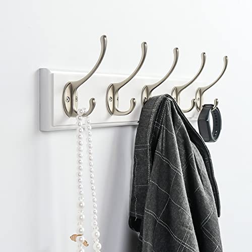 JYL HOME Wall-mounted Bamboo Coat Rack, 5 Double Hooks, Rustic Hooks for Hanging Coats,Jacket,Clothes,Hats,Decorative Hooks for Entryway, Bathroom, Bedroom, Closet Room, White