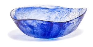 red co. 9.5 inch 62 ounce etched wavy glass salad bowl, large tabletop centerpiece, blue