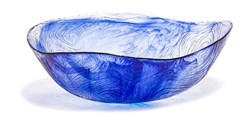 Red Co. 9.5 Inch 62 Ounce Etched Wavy Glass Salad Bowl, Large Tabletop Centerpiece, Blue