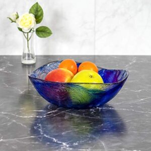 Red Co. 9.5 Inch 62 Ounce Etched Wavy Glass Salad Bowl, Large Tabletop Centerpiece, Blue