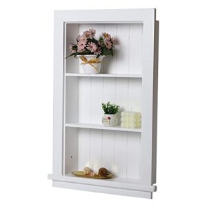 recessed medicine cabinet, wall niche, in shelves, shelf insert, 14"w x 24"h id, 17"w x 27"h od, 3 tier, white, wood, shallow drywall cabinets, between studs shelving, open bathroom cubby | houseables