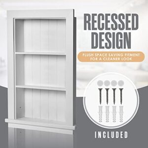 Recessed Medicine Cabinet, Wall Niche, In Shelves, Shelf Insert, 14"W x 24"H ID, 17"W x 27"H OD, 3 Tier, White, Wood, Shallow Drywall Cabinets, Between Studs Shelving, Open Bathroom Cubby | Houseables