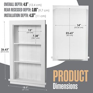 Recessed Medicine Cabinet, Wall Niche, In Shelves, Shelf Insert, 14"W x 24"H ID, 17"W x 27"H OD, 3 Tier, White, Wood, Shallow Drywall Cabinets, Between Studs Shelving, Open Bathroom Cubby | Houseables