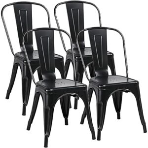 yaheetech iron metal dining chairs stackable side chairs bar chairs with back indoor/outdoor classic/chic/industrial/vintage bistro cafe trattoria kitchen restaurant matte black, set of 4