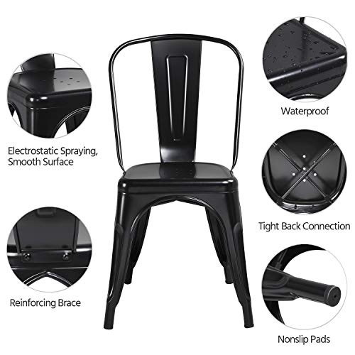 Yaheetech Iron Metal Dining Chairs Stackable Side Chairs Bar Chairs with Back Indoor/Outdoor Classic/Chic/Industrial/Vintage Bistro Cafe Trattoria Kitchen Restaurant Matte Black, Set of 4
