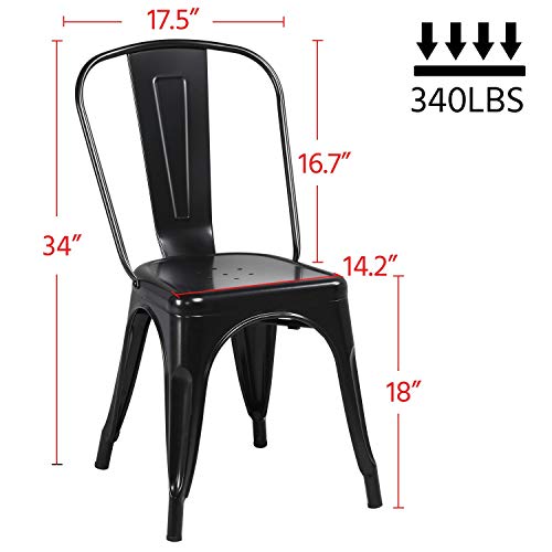 Yaheetech Iron Metal Dining Chairs Stackable Side Chairs Bar Chairs with Back Indoor/Outdoor Classic/Chic/Industrial/Vintage Bistro Cafe Trattoria Kitchen Restaurant Matte Black, Set of 4