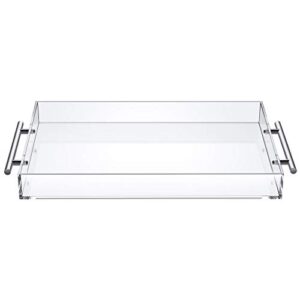 CTUER Clear Acrylic Serving Tray 12X18 Inch Silver Handle Breakfast Decorative Trays for Ottoman Coffee Table