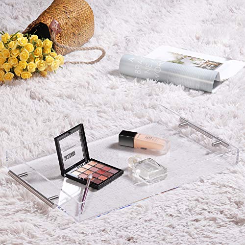 CTUER Clear Acrylic Serving Tray 12X18 Inch Silver Handle Breakfast Decorative Trays for Ottoman Coffee Table