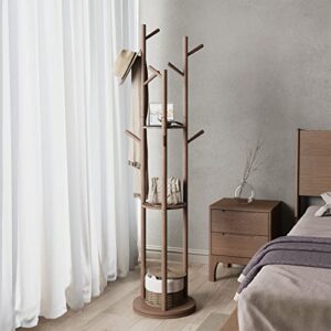 kaslandi coat rack, rotary coat rack freestanding,fas grade rubber wood,coat rack stand with 3 shelves and 9 hooks, sturdy and easy assembly wooden coat tree (walnut)