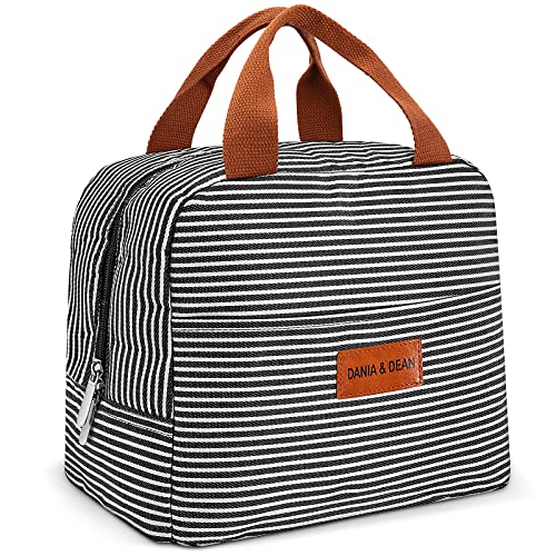 DANIA & DEAN Durable Insulated Lunch Bag for Women/Men/Kids Double Zippers Wide Open Bag Leakproof Thermal and Cooler Reusable Lunch Box for Office School Outdoor (Black and White Stripes)