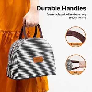 DANIA & DEAN Durable Insulated Lunch Bag for Women/Men/Kids Double Zippers Wide Open Bag Leakproof Thermal and Cooler Reusable Lunch Box for Office School Outdoor (Black and White Stripes)