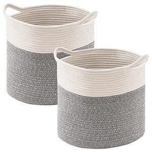 youdenova cotton rope cube storage baskets, 13x13 round woven baskets for storage with handles 2 pack, modern decorative storage bins décor baskets for 13 inch cube storage shelves, grey&cream white