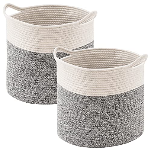 YOUDENOVA Cotton Rope Cube Storage Baskets, 13x13 Round Woven Baskets for Storage with Handles 2 Pack, Modern Decorative Storage Bins Décor Baskets for 13 inch Cube Storage Shelves, Grey&Cream White