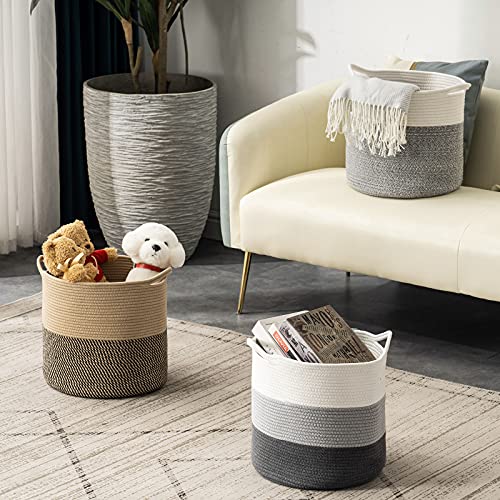 YOUDENOVA Cotton Rope Cube Storage Baskets, 13x13 Round Woven Baskets for Storage with Handles 2 Pack, Modern Decorative Storage Bins Décor Baskets for 13 inch Cube Storage Shelves, Grey&Cream White