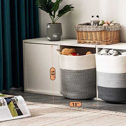 YOUDENOVA Cotton Rope Cube Storage Baskets, 13x13 Round Woven Baskets for Storage with Handles 2 Pack, Modern Decorative Storage Bins Décor Baskets for 13 inch Cube Storage Shelves, Grey&Cream White