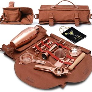 Travel Bartender Kit with Bag | 17-Piece Copper Bar Tool Set & Portable Bar Bag with Shoulder Strap for Easy Carry and Storage | Best Rose Gold Travel Bar Set for Cocktail Making