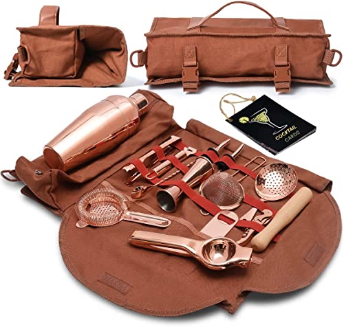 Travel Bartender Kit with Bag | 17-Piece Copper Bar Tool Set & Portable Bar Bag with Shoulder Strap for Easy Carry and Storage | Best Rose Gold Travel Bar Set for Cocktail Making