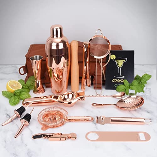 Travel Bartender Kit with Bag | 17-Piece Copper Bar Tool Set & Portable Bar Bag with Shoulder Strap for Easy Carry and Storage | Best Rose Gold Travel Bar Set for Cocktail Making