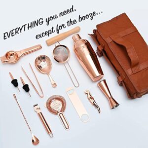 Travel Bartender Kit with Bag | 17-Piece Copper Bar Tool Set & Portable Bar Bag with Shoulder Strap for Easy Carry and Storage | Best Rose Gold Travel Bar Set for Cocktail Making