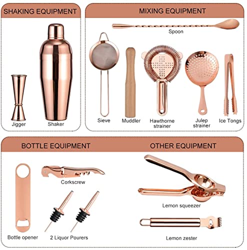 Travel Bartender Kit with Bag | 17-Piece Copper Bar Tool Set & Portable Bar Bag with Shoulder Strap for Easy Carry and Storage | Best Rose Gold Travel Bar Set for Cocktail Making