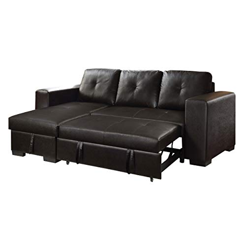 HABITRIO Sectional Sofa with Pull Out Bed, Black PU Leather Upholstered 2 Seats Sleeper Sofa and Reversible Chaise Lounge w/Storage, Modern Design 97" L-Shaped Sleeper Sofa for Living Room, Apartment