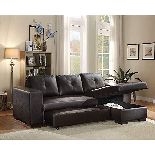 HABITRIO Sectional Sofa with Pull Out Bed, Black PU Leather Upholstered 2 Seats Sleeper Sofa and Reversible Chaise Lounge w/Storage, Modern Design 97" L-Shaped Sleeper Sofa for Living Room, Apartment