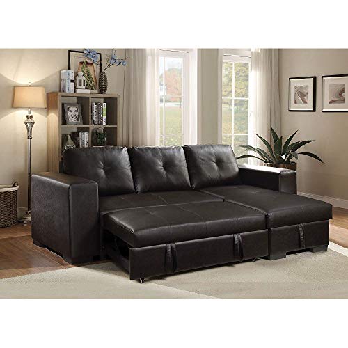 HABITRIO Sectional Sofa with Pull Out Bed, Black PU Leather Upholstered 2 Seats Sleeper Sofa and Reversible Chaise Lounge w/Storage, Modern Design 97" L-Shaped Sleeper Sofa for Living Room, Apartment