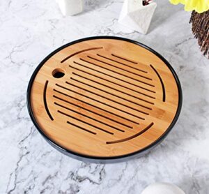 hinomaru collection oriental kung fu table service round serving tea tray bamboo drip pan melamine base reservoir tea ceremony accessories (black)