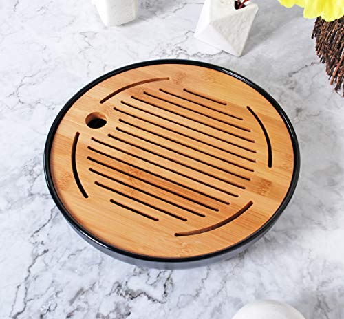 Hinomaru Collection Oriental Kung Fu Table Service Round Serving Tea Tray Bamboo Drip Pan Melamine Base Reservoir Tea Ceremony Accessories (Black)