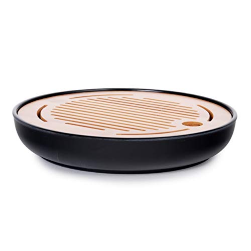 Hinomaru Collection Oriental Kung Fu Table Service Round Serving Tea Tray Bamboo Drip Pan Melamine Base Reservoir Tea Ceremony Accessories (Black)