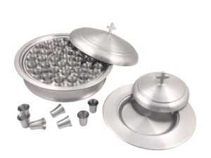 communion ware holy wine serving tray with a lid & a stacking bread plate with a lid + 40 cups - stainless steel (matte)