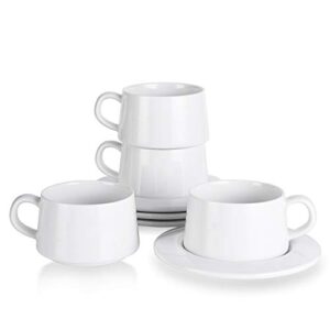 kanwone porcelain stackable cappuccino cups with saucers - 8 ounce for specialty coffee drinks, cappuccino, latte, americano and tea - set of 4, white