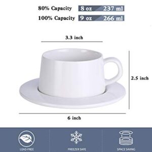 Kanwone Porcelain Stackable Cappuccino Cups with Saucers - 8 Ounce for Specialty Coffee Drinks, Cappuccino, Latte, Americano and Tea - Set of 4, White