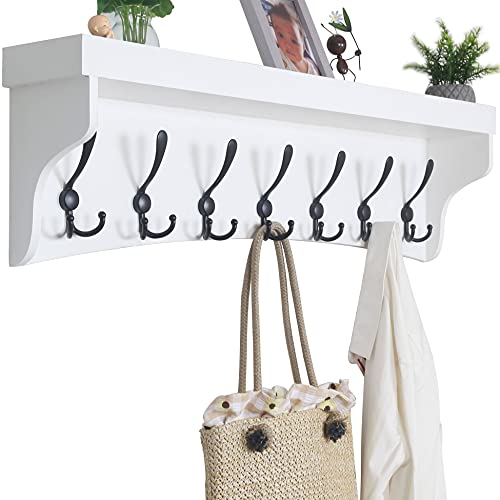 WEBI Coat Rack Wall Mount with Shelf,35’’ Long White Shelf with Hooks Underneath,Wall Mounted Coat Rack with Shelf,Key Rack for Wall,7 Triple Hooks for Hanging Coats,Bathroom,Entryway