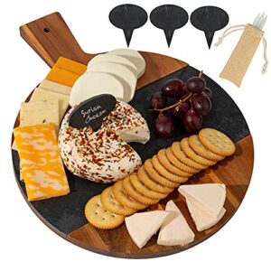 charmont large round charcuterie board with handle acacia wood cheese board with slate serving platter slate cheese markers set and chalk - food, cheese and meat cutting board - 11.5 inches