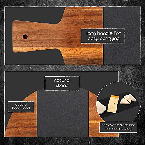 Charmont Large Round Charcuterie Board with Handle Acacia Wood Cheese Board with Slate Serving Platter Slate Cheese Markers Set and Chalk - Food, Cheese and Meat Cutting Board - 11.5 inches