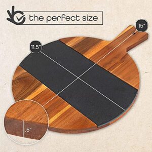 Charmont Large Round Charcuterie Board with Handle Acacia Wood Cheese Board with Slate Serving Platter Slate Cheese Markers Set and Chalk - Food, Cheese and Meat Cutting Board - 11.5 inches