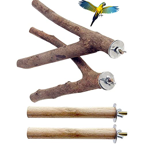 HUANMU 4 PCS Wood Bird Perch Stand , Natural Wood Parrot Perch , Parrot Cage Accessories Toys , Hanging Multi Branch Perch for Parrots.