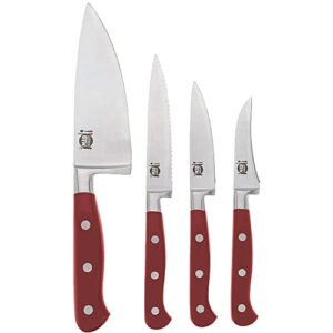 mad hungry 4-piece forged specialty knife set - 6" chef, 4.5" serrated utility, 3.5" paring, & 3" birds beak knives kitchen (red)