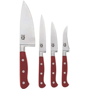 Mad Hungry 4-Piece Forged Specialty Knife Set - 6" Chef, 4.5" Serrated Utility, 3.5" Paring, & 3" Birds Beak Knives Kitchen (Red)