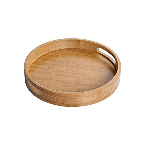 Round Wood Serving Tray with Handles - Natural Wooden Bamboo Ottoman Tray - Coffee Table Decor Food Storage Trays for Breakfast, Lunch, Dinner, Patio, Coffee Table, BBQ, Party