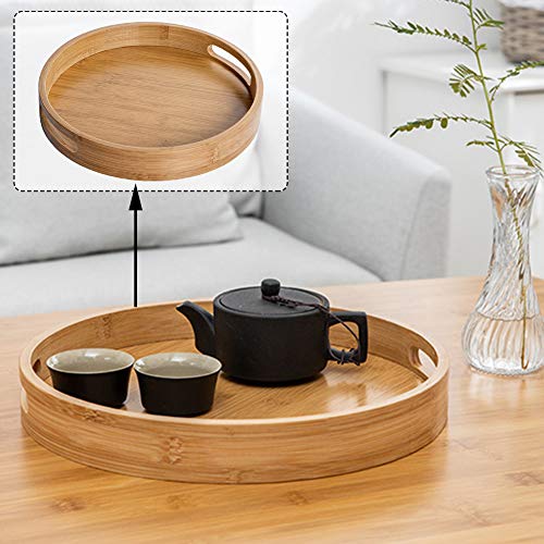 Round Wood Serving Tray with Handles - Natural Wooden Bamboo Ottoman Tray - Coffee Table Decor Food Storage Trays for Breakfast, Lunch, Dinner, Patio, Coffee Table, BBQ, Party