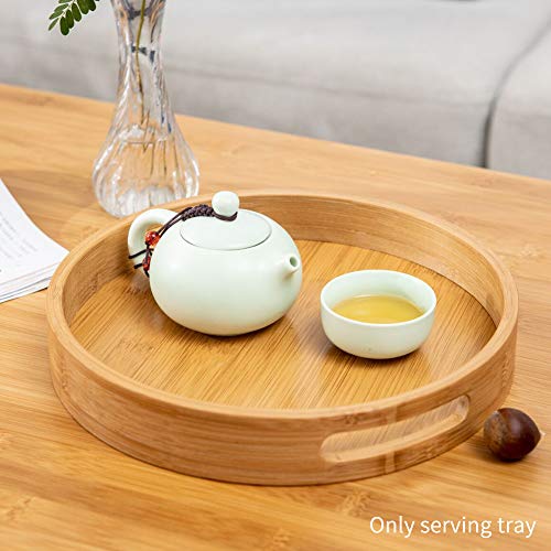 Round Wood Serving Tray with Handles - Natural Wooden Bamboo Ottoman Tray - Coffee Table Decor Food Storage Trays for Breakfast, Lunch, Dinner, Patio, Coffee Table, BBQ, Party