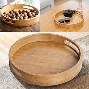 Round Wood Serving Tray with Handles - Natural Wooden Bamboo Ottoman Tray - Coffee Table Decor Food Storage Trays for Breakfast, Lunch, Dinner, Patio, Coffee Table, BBQ, Party