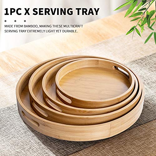 Round Wood Serving Tray with Handles - Natural Wooden Bamboo Ottoman Tray - Coffee Table Decor Food Storage Trays for Breakfast, Lunch, Dinner, Patio, Coffee Table, BBQ, Party