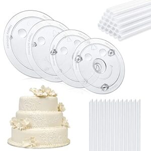 qpey cake sticks support rods with cake board drums,white plastic cake separator plates for chic multi-tiered cake in the party,wedding,birthday,4pcs plates with 32 pcs rods