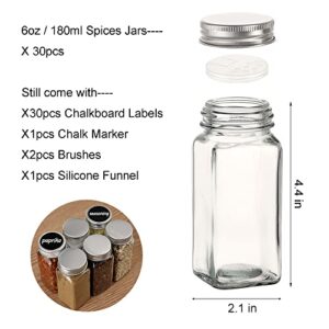 Homerove 6oz Spice Jars Bottles, 30pcs Empty Square Spice Containers with Shaker Lids and Airtight Metal Caps(30pcs Blank Lables, Silicone Funnel and Brush Included)