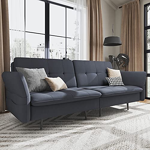 HONBAY Folding Futon, Convertible Sleeper with Adjustable Back, Tufted Sofa Couch Bed for Small Space, Bluish Grey