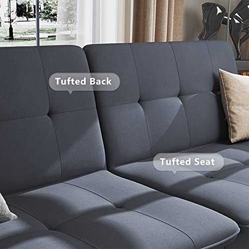 HONBAY Folding Futon, Convertible Sleeper with Adjustable Back, Tufted Sofa Couch Bed for Small Space, Bluish Grey