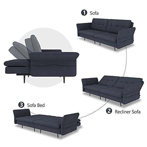 HONBAY Folding Futon, Convertible Sleeper with Adjustable Back, Tufted Sofa Couch Bed for Small Space, Bluish Grey